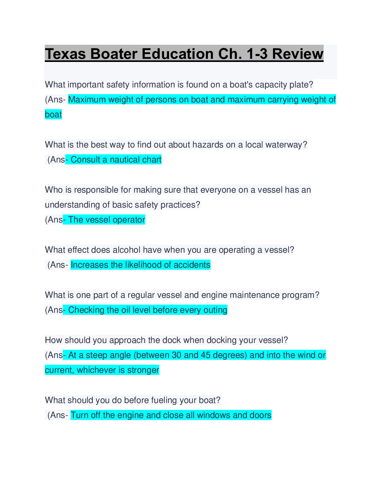 Texas Boater Education Ch. 13 Review Questions & Answers Updated